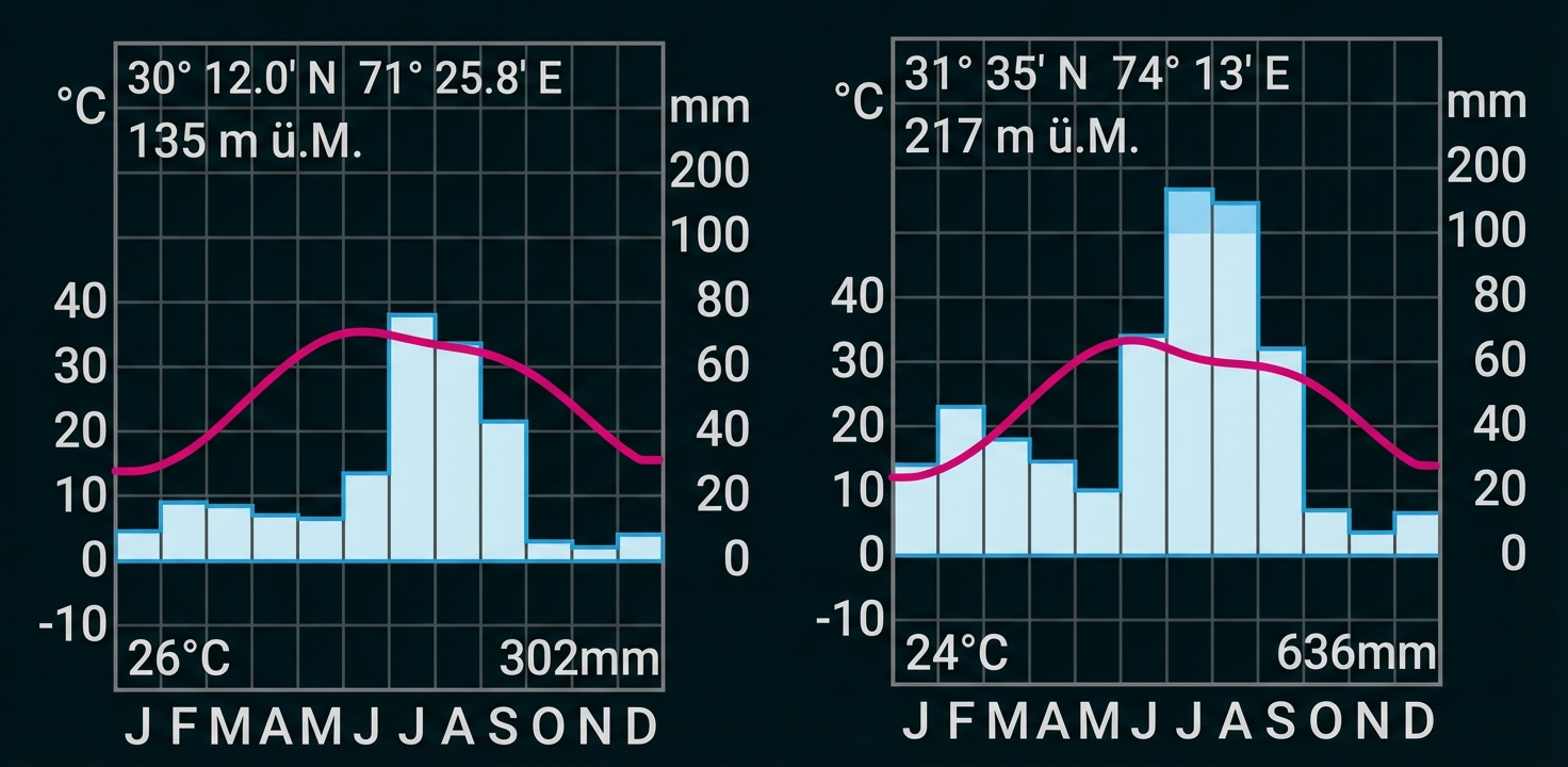 Zwei Klimadiagramme nebeneinander mit Temperaturkurven (rosa) und Niederschlagsbalken (blau)
